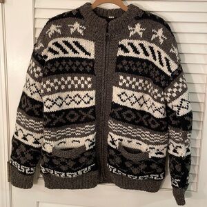 NEPAL Handmade 100% Wool Browns, Cream & Black Design Zipper Front Lined Sweater